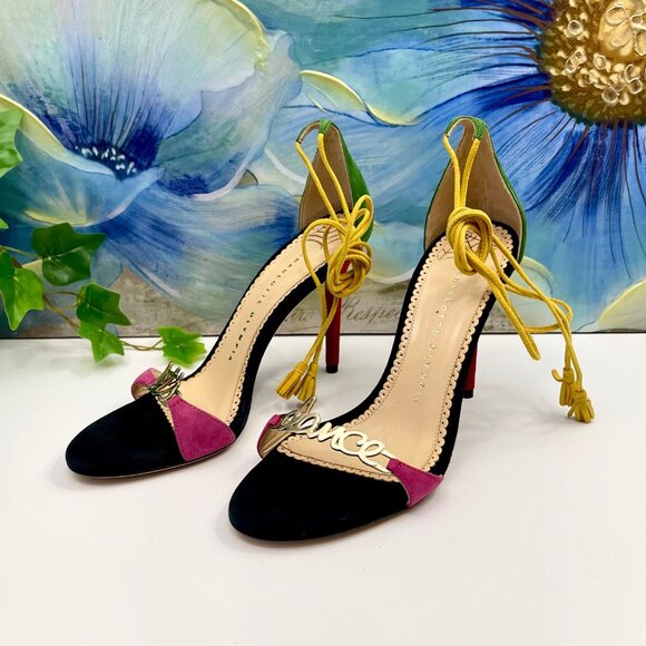 Charlotte Olympia Lets Dance Suede Heeled Sandals in Black Multi Size‎ 36.5 - Picture 10 of 14